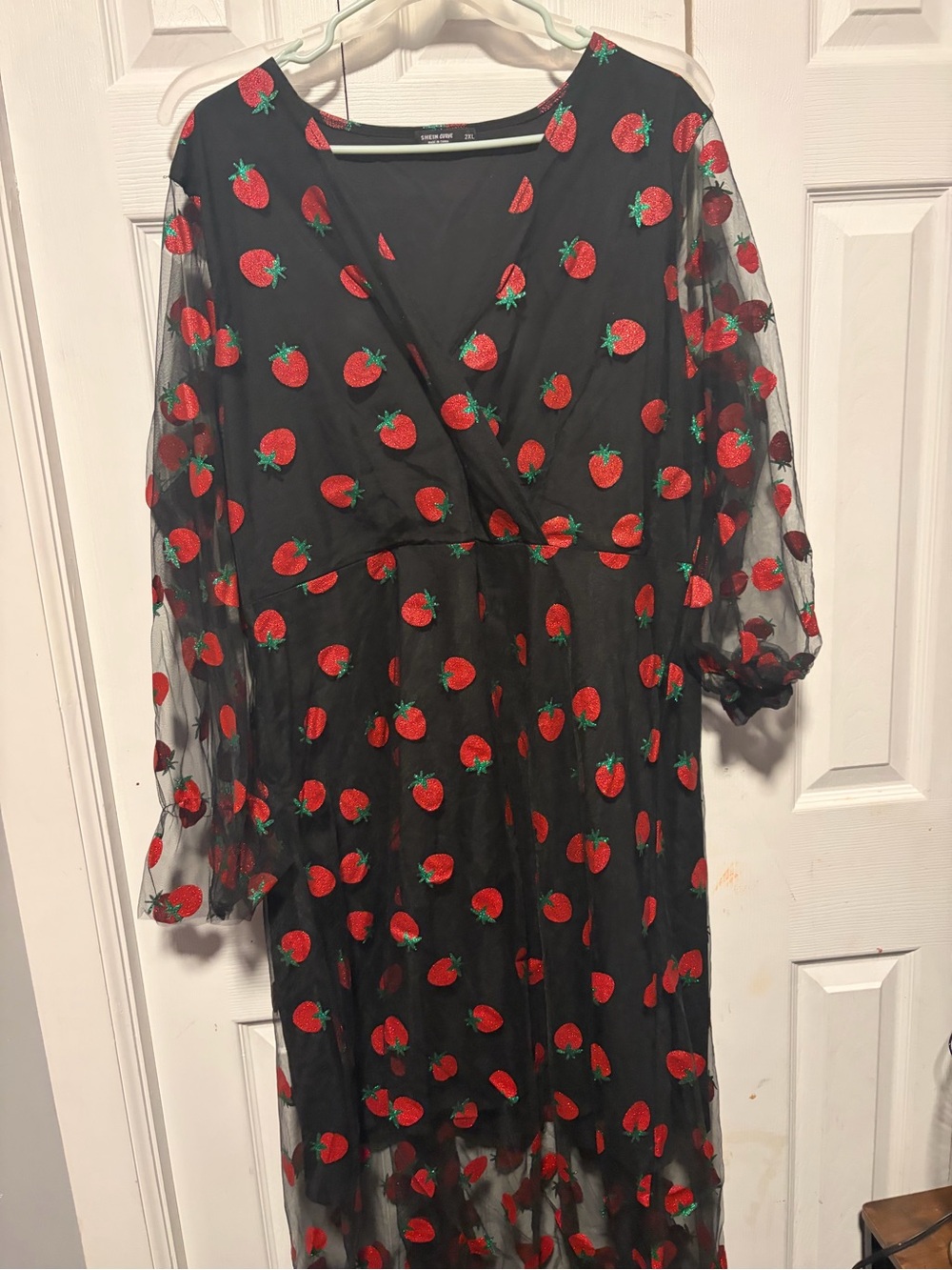 SHEIN Black Midi Dress with Red Strawberry Embroidery